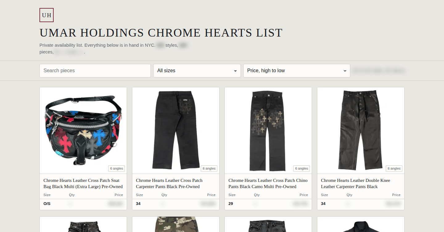 Screenshot of a private inventory catalog site with prices redacted