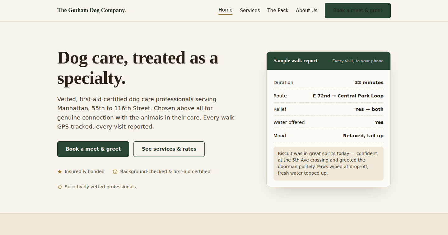 Screenshot of the live Gotham Dog Company website homepage