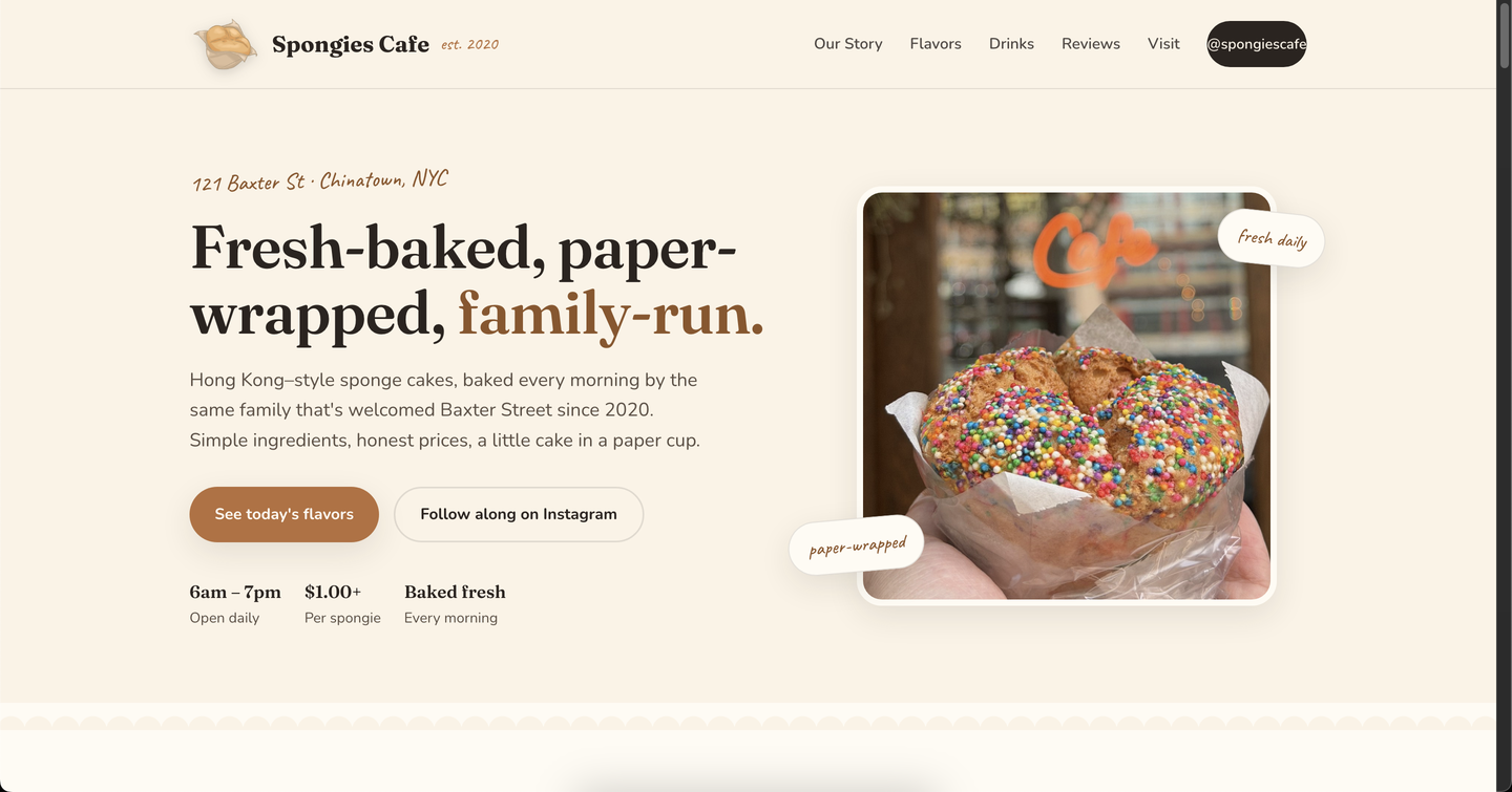 Screenshot of the live Spongies Cafe website homepage